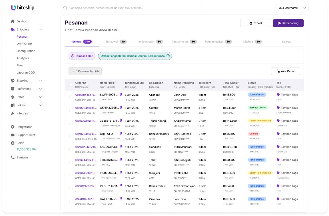 Dashboard Biteship menampilkan pesanan pengiriman dan pelacakan kurir