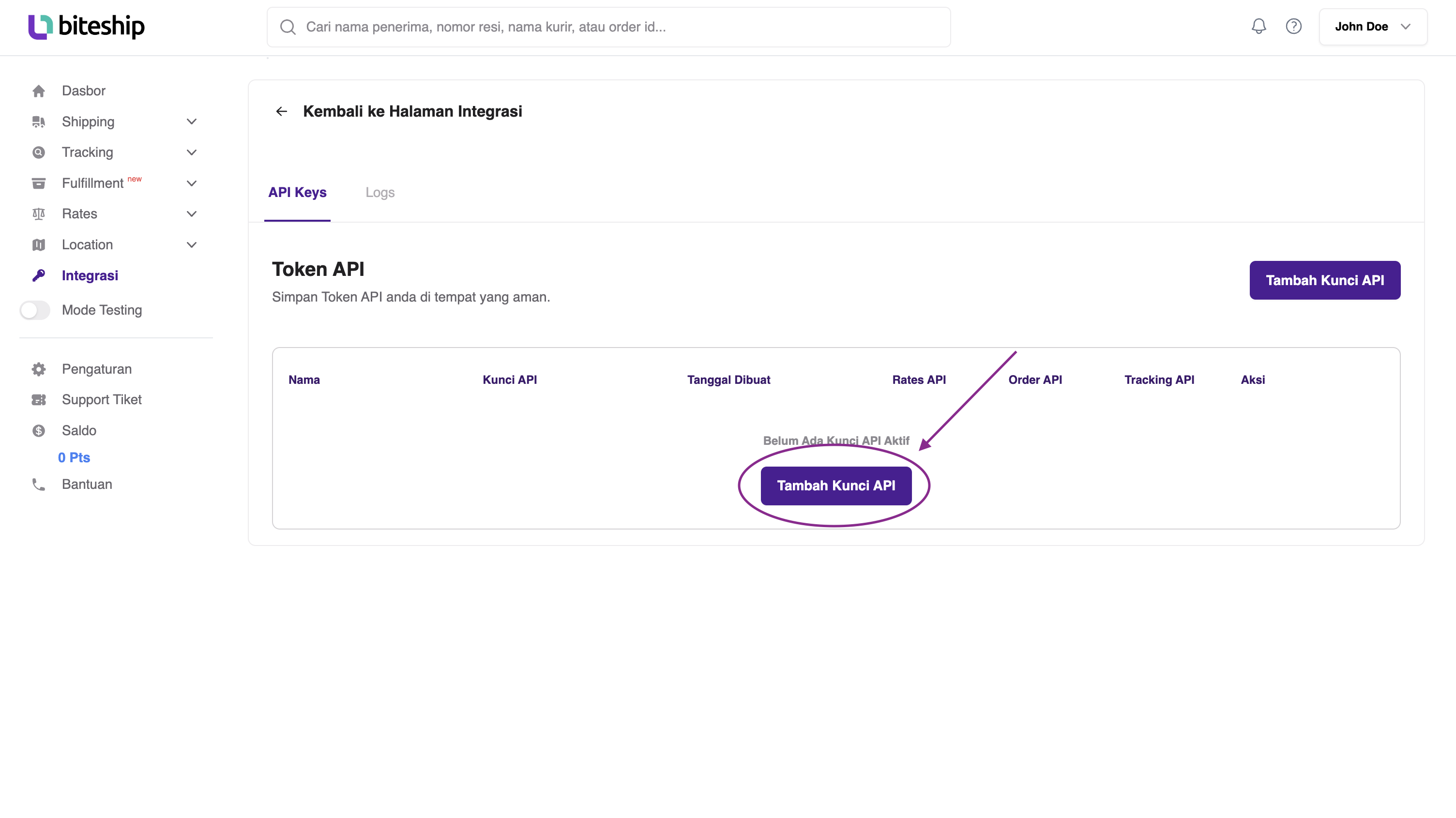 Biteship Generate New Token for API Image