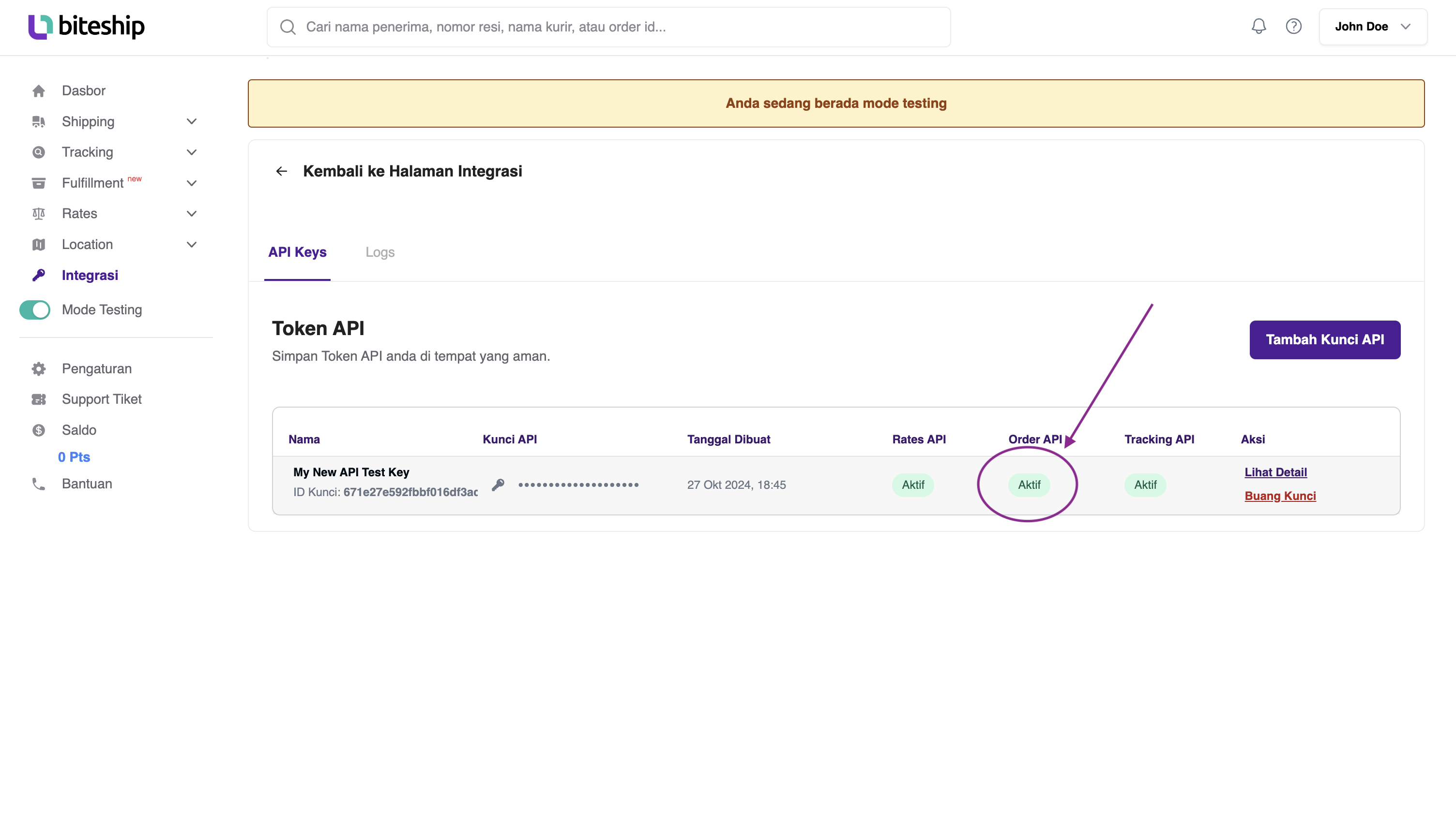 Biteship Generate New Token for API Image