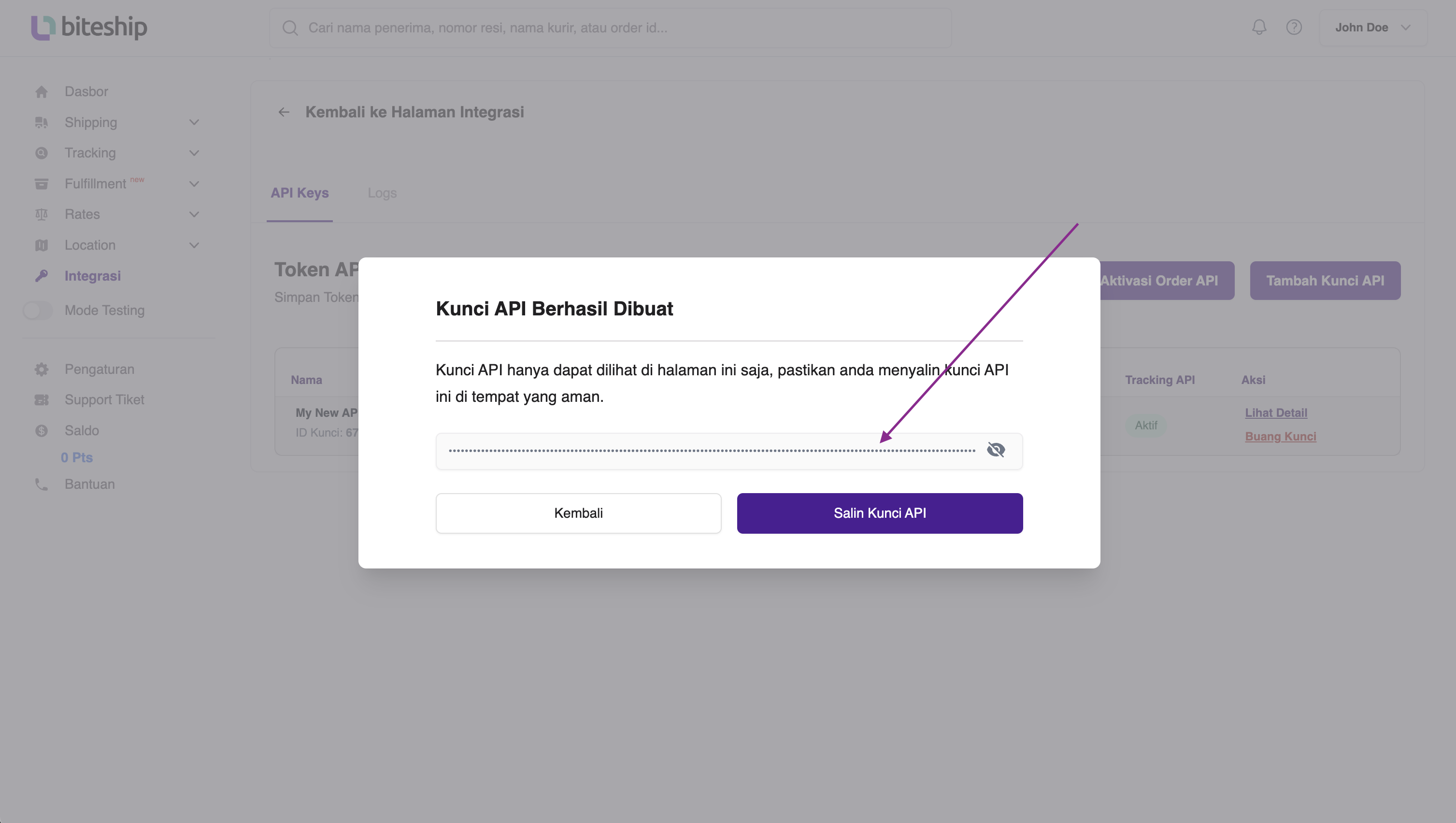 Biteship Generate New Token for API Image
