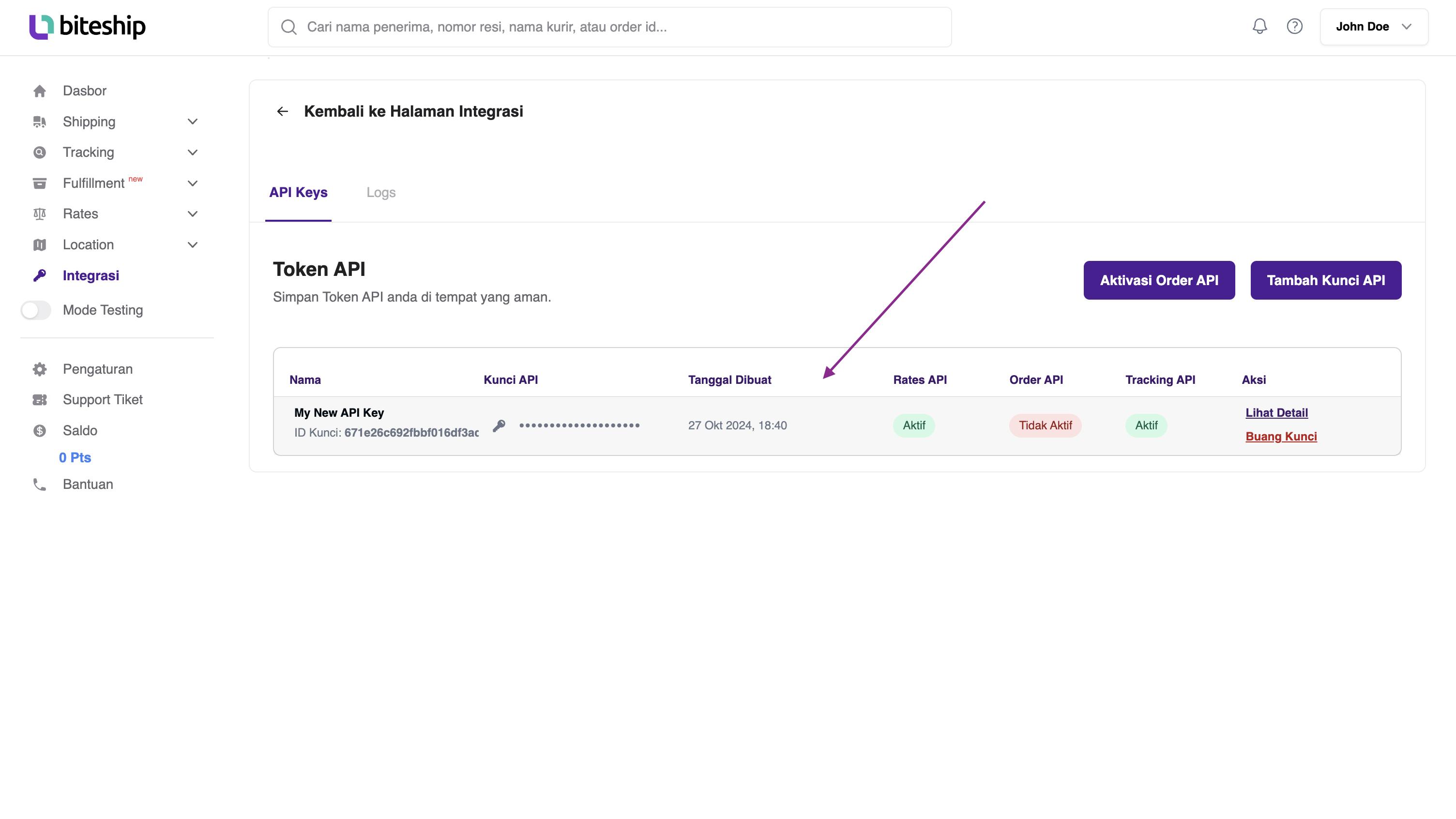 Biteship Generate New Token for API Image